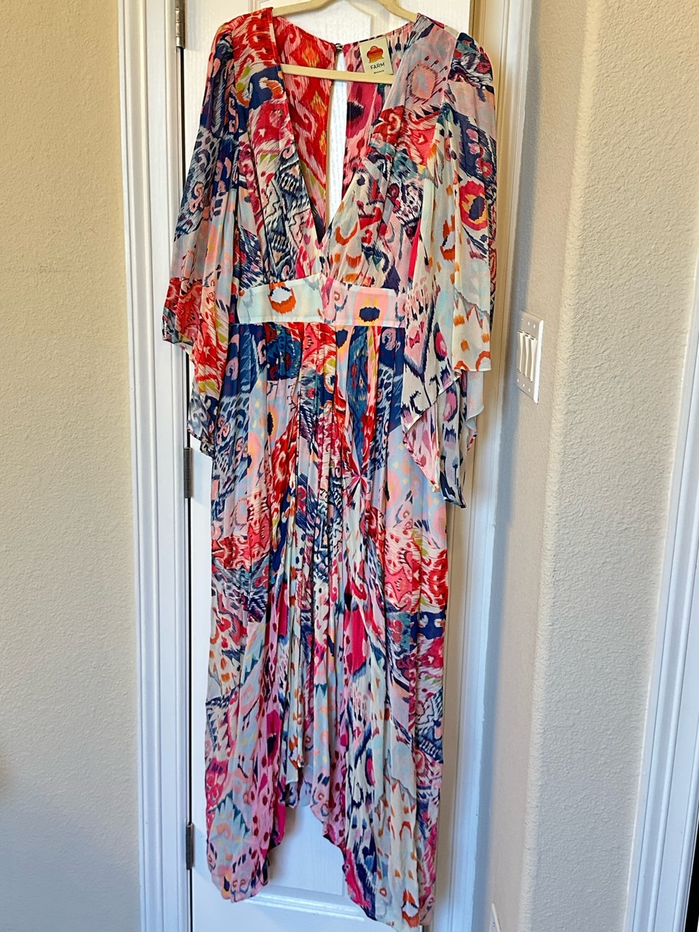 FARM Rio Multicolor Abstract V-Neck Maxi Dress - Red, Blue, Pink - Picture 1 of 8